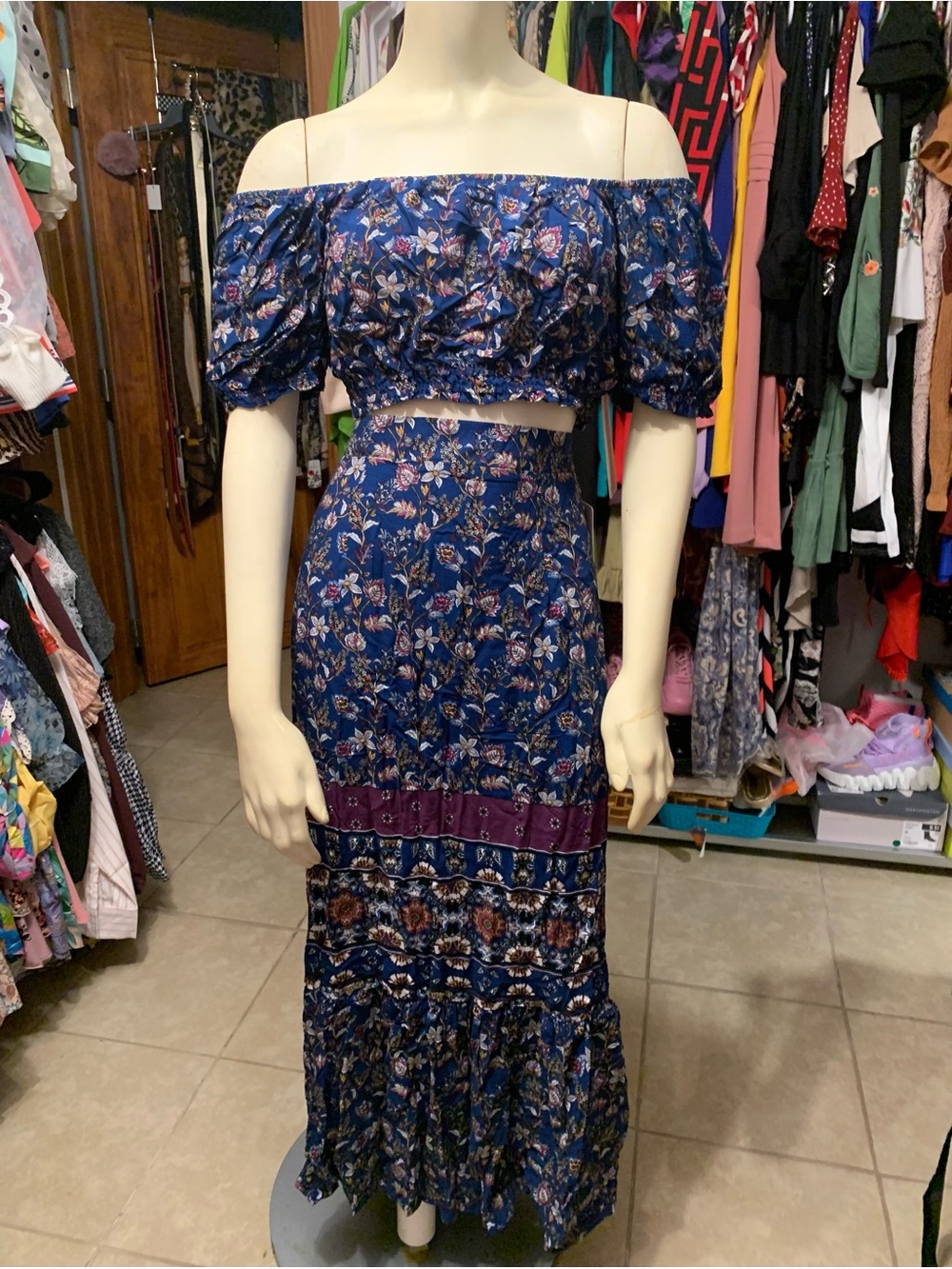 Boho Off-Shoulder Floral Skirt Set in Deep Blue